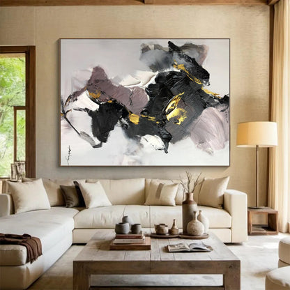 Oversized Abstract Wall Art with Black, Gray, White and Gold Colors, Energetic Abstract Theme HS476