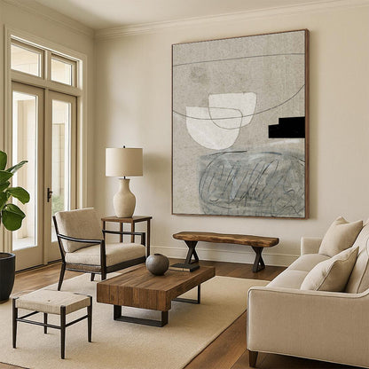 Minimalist Canvas Art Beige & Black Geometric Abstract, Handmade Art HS242