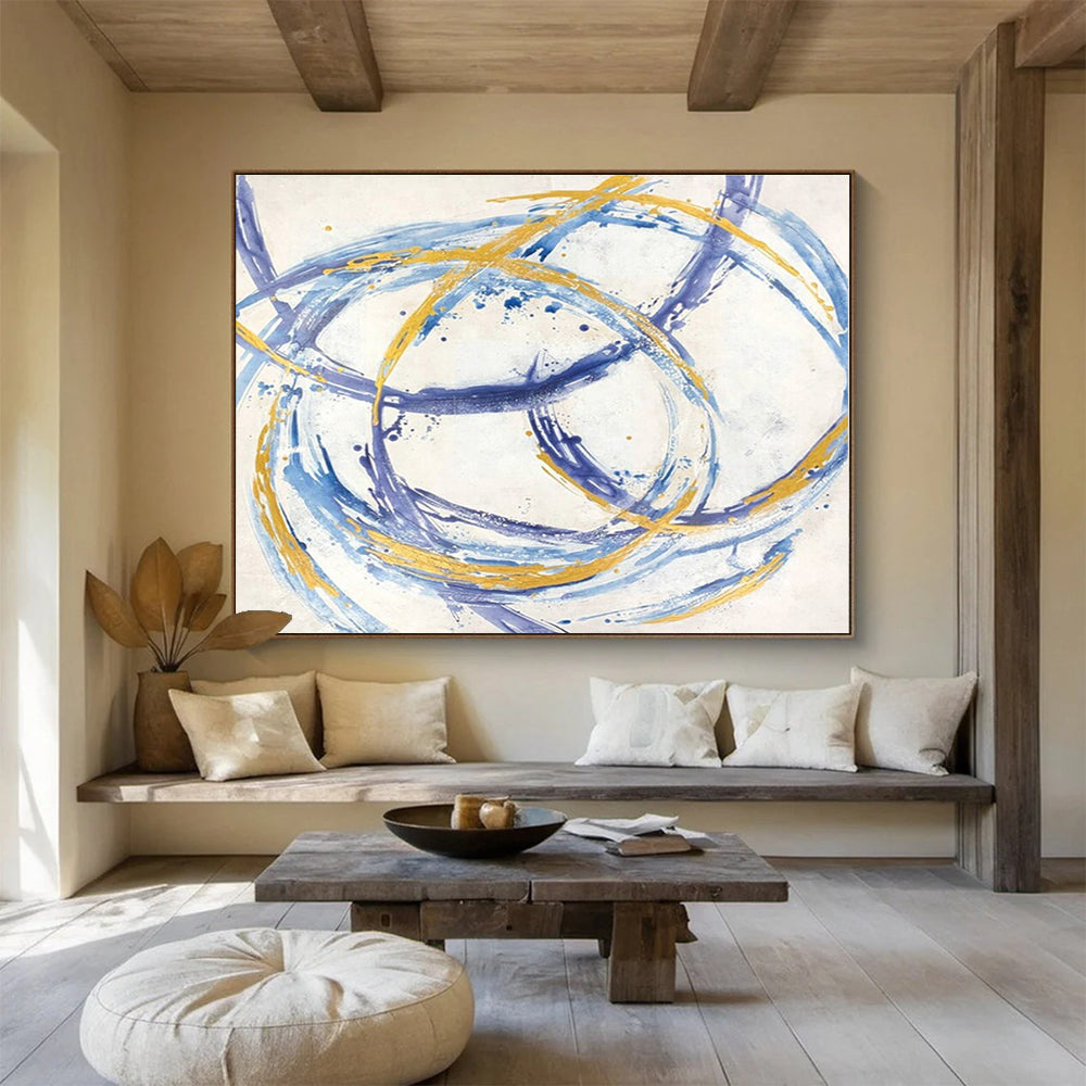 Extra Large Size Blue, Gold and White Abstract Geometric Painting WB148