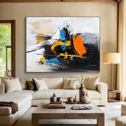 Acrylic Modern Art Paintings Black, White, Orange, and Blue Abstract Expressive Painting For Sale HS144