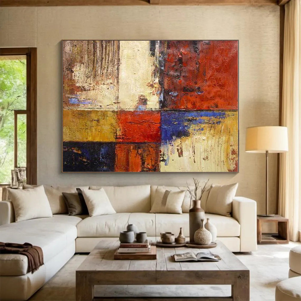 Big Painting Red, Blue, Yellow & Brown Abstract Geometric Blocks Art HS385