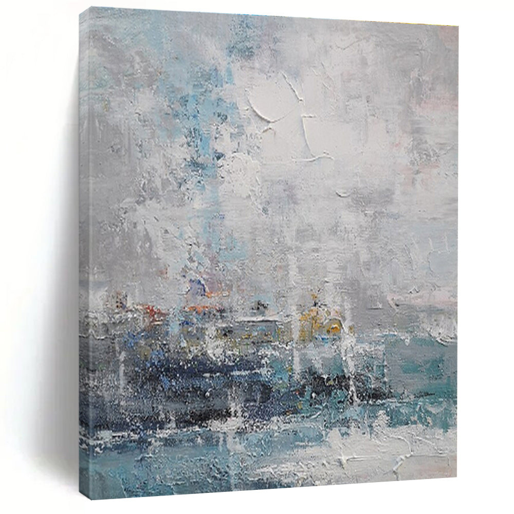 Acrylic Modern Art Paintings Blue, Gray, and White Textured Abstract Landscape HS684