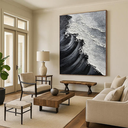 Black and White Textured Wave Abstract Painting For Sale WS506