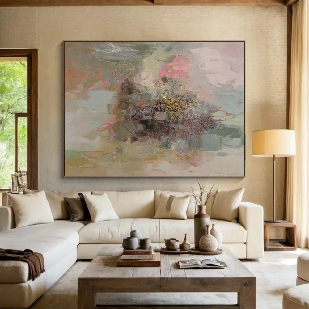 Unique Abstract Art Pink, Green, and Beige Floral Abstract Art HS714