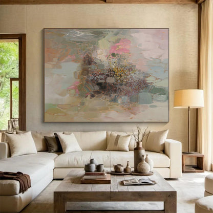 Unique Abstract Art Pink, Green, and Beige Floral Abstract Art HS714