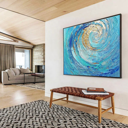 Oversized Canvas Art in Blue and Gold Textured Spiral Abstract Style WB257
