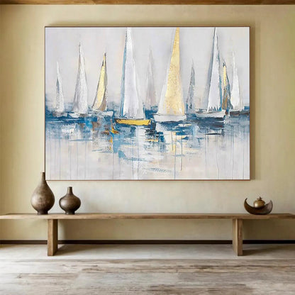Oversized Canvas Art in Blue, White, and Gold Abstract Sailboat Style WB228