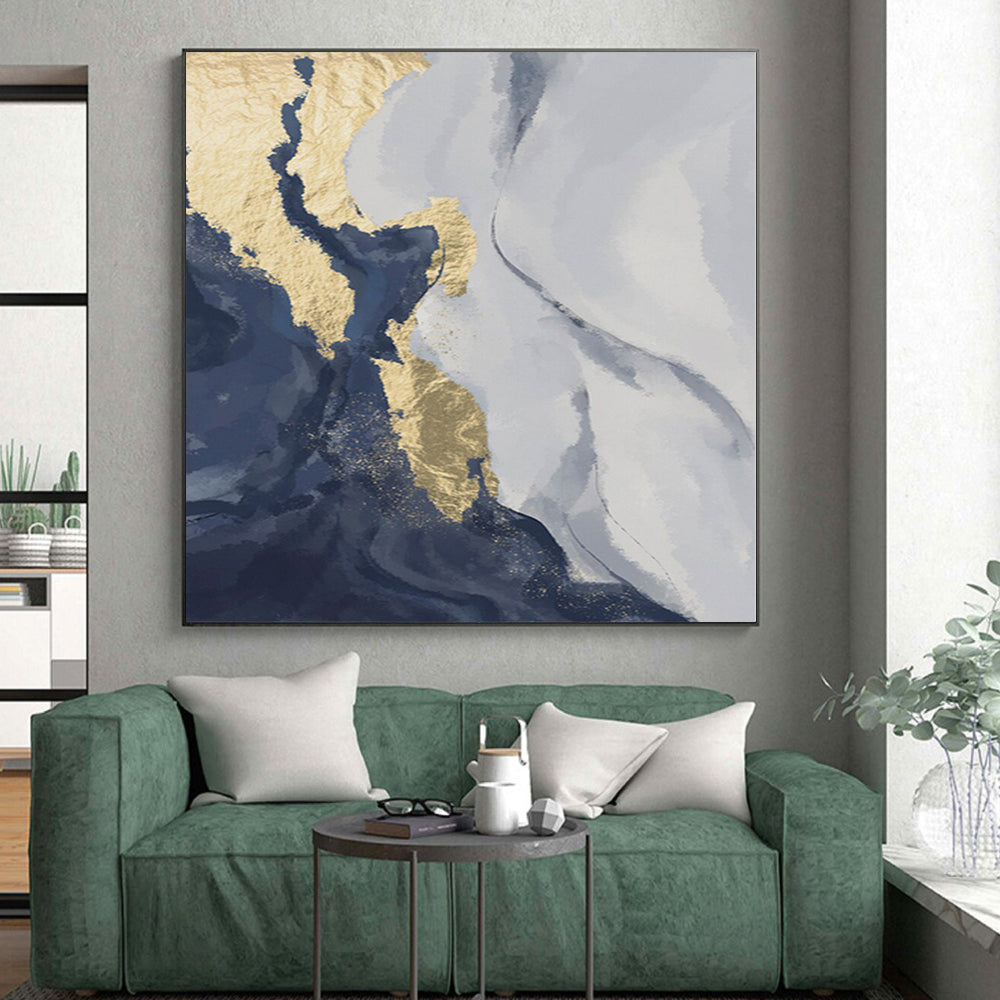 Gaint Canvas Art Blue, Gray, and Gold Abstract Marble Painting For Sale HS084