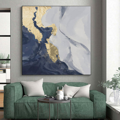 Gaint Canvas Art Blue, Gray, and Gold Abstract Marble Painting For Sale HS084