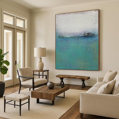 Hand-Painted Teal and Gray Abstract Misty Landscape Painting For Sale HS049