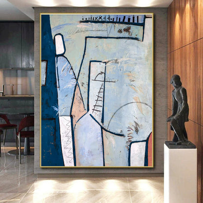 Unique Abstract Art Blue, Beige, and Red Geometric Abstract Painting On Canvas HS827