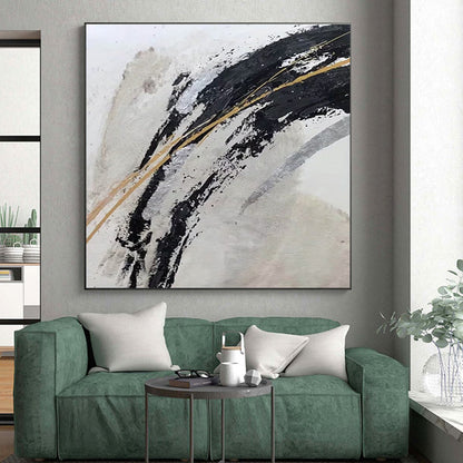 Gaint Canvas Art Black, Gold & Silver Gestural Abstract, Oversized Abstract Wall Art HS245