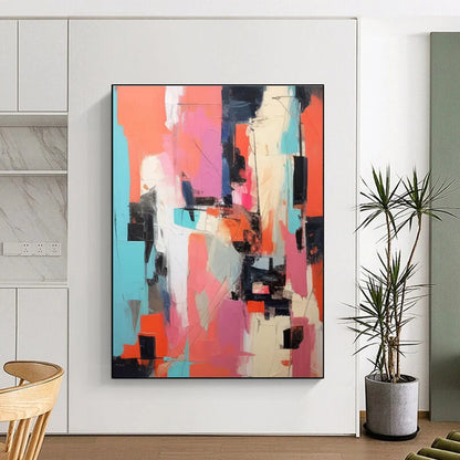 Hand-Painted Coral, Pink & Teal Geometric Abstract, Acrylic Modern Art Painting HS231