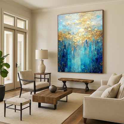 Blue, Gold Abstract Textured Art For Living Room and Bedroom WS444