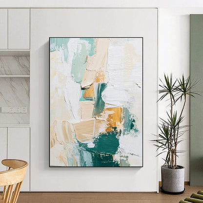 Acrylic Modern Art Paintings Teal, Beige, and Gold Textured Abstract Art HS742