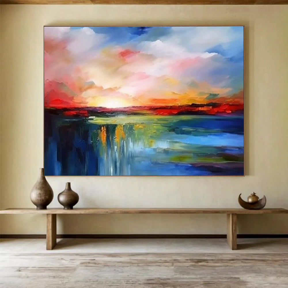 Hand Painted Art: Multicolor Sunset Landscape Abstract Painting WB369