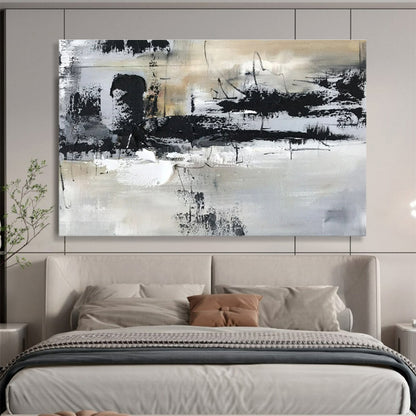 Hand Painted Art: Black White and Beige Textured Abstract Painting WB356