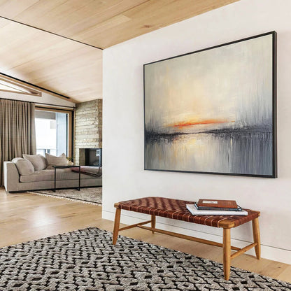 Big Size Gray, Orange, and White Abstract Sunset Over Water - Acrylic Painting WB272