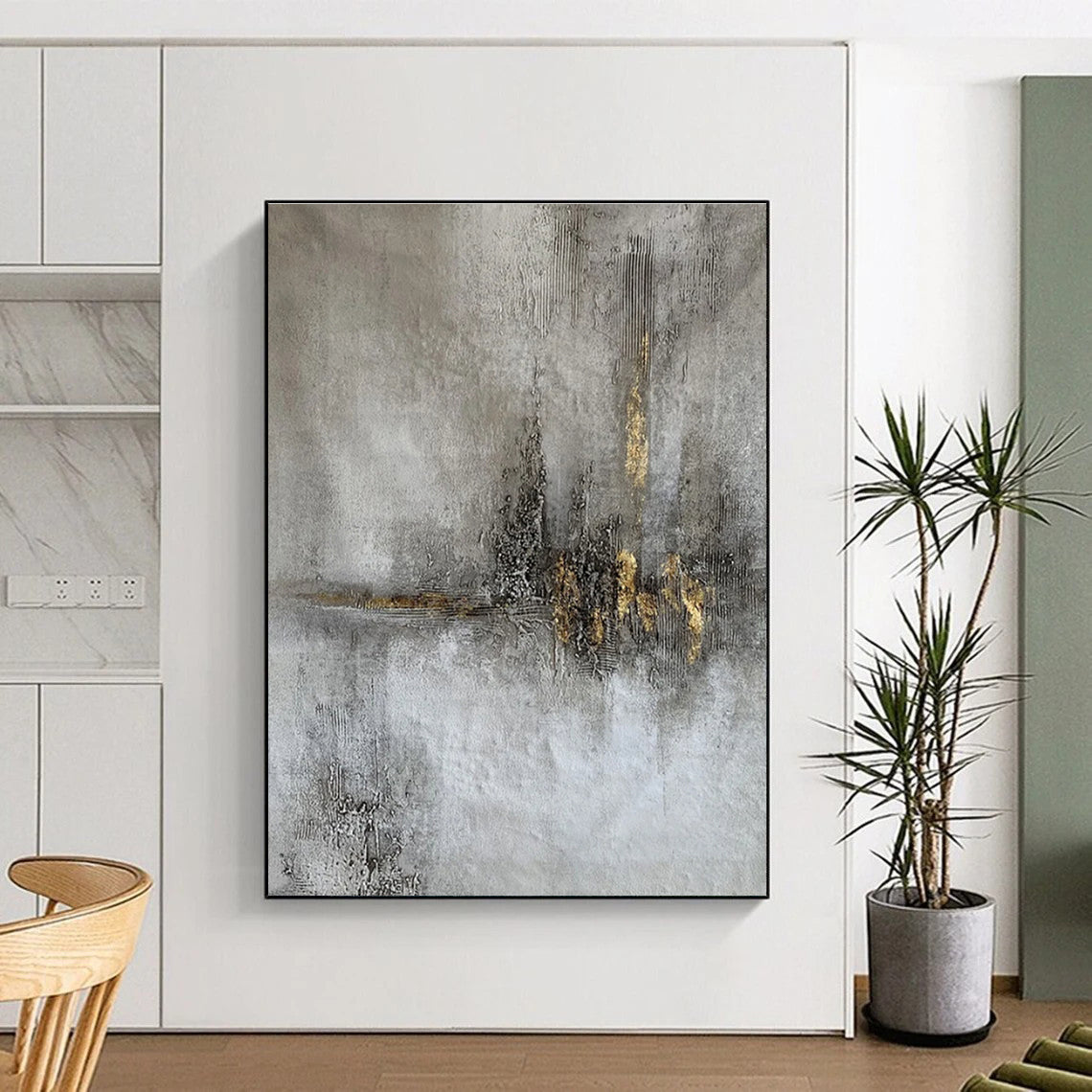 Minimalist Canvas Art Gray and Gold Textured Abstract Art HS614