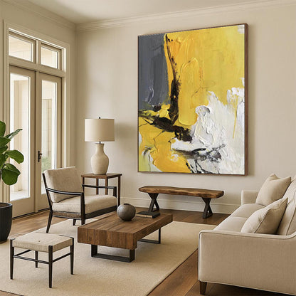Large Size Yellow, Gray & White Textured Abstract Art HS390