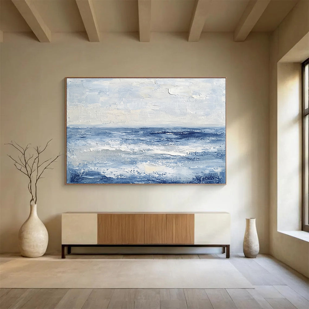 Extra Large Size Blue, White, and Gray Textured Abstract Seascape - Acrylic Painting WB291