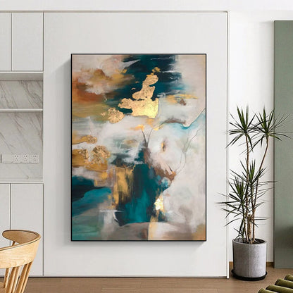 Acrylic Modern Art Paintings Teal, Gold, and Neutral Abstract Composition HS649