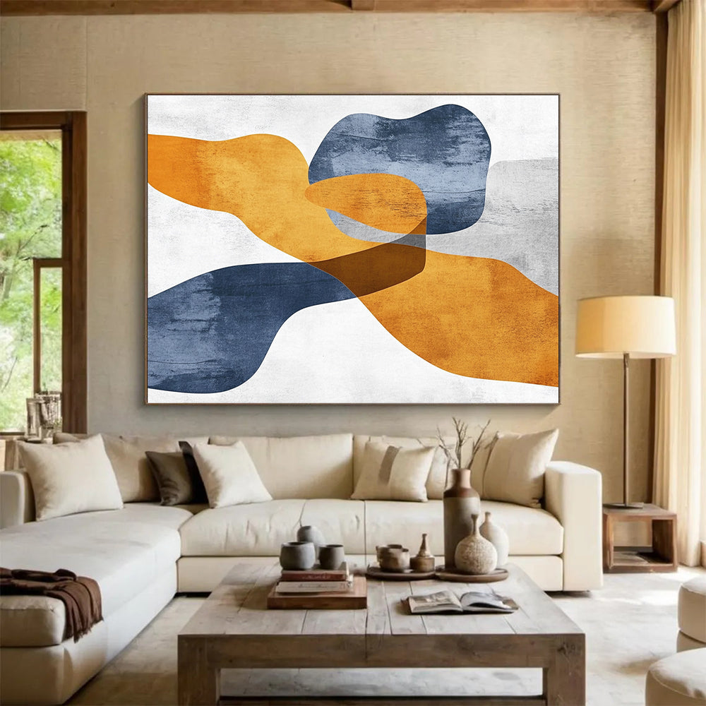 Unique Abstract Art Orange, Blue, and White Abstract Shape Painting For Sale HS124