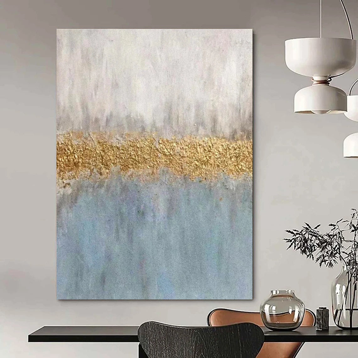 Blue, Gray, and Gold Abstract Color Block Painting For Sale WS508