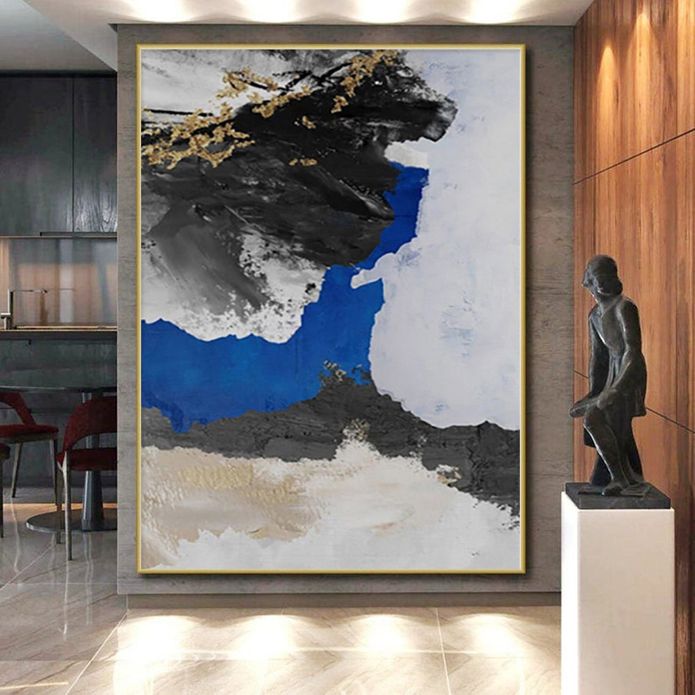Hand-Painted Black, White, Blue, and Gold Abstract Textured Painting For Sale HS052