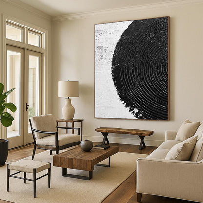 Hand Painted Art Black and White Textured Circular Abstract Art HS196