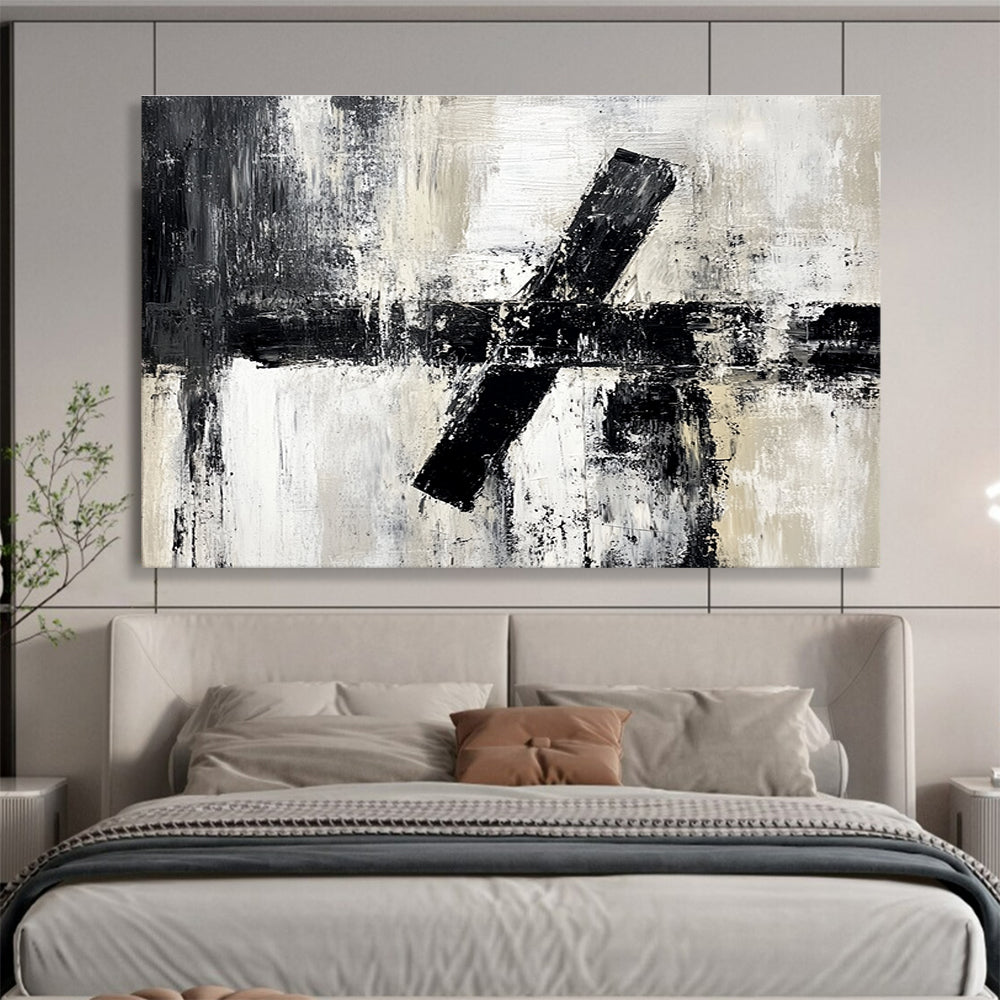 Oversized Canvas Art in Black, White, and Gray Textured Geometric Abstract Style WB260