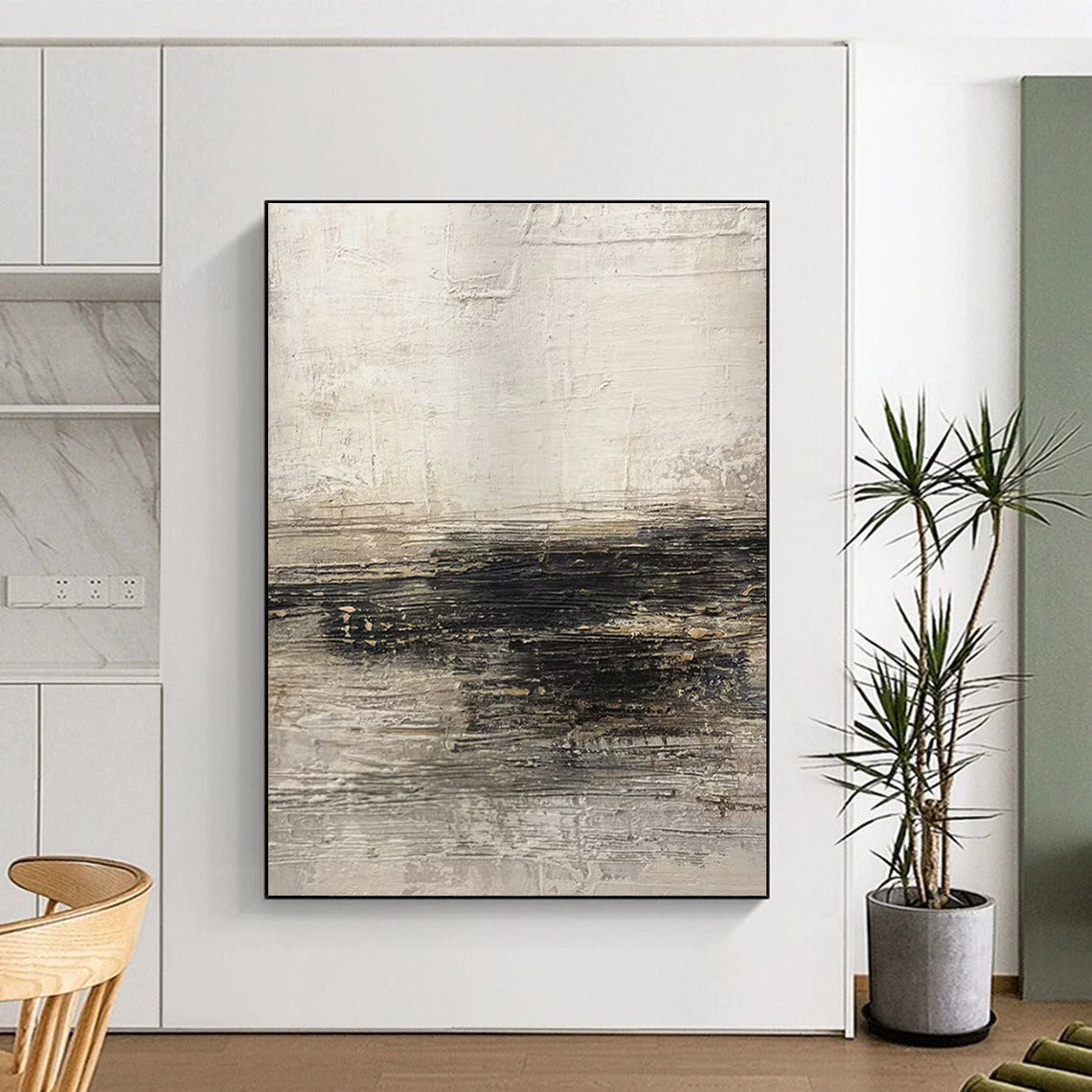 Handmade Art Neutral Tones with Black Textured Abstract Art HS635