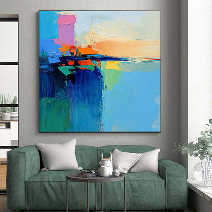 Hand-Painted Multicolor Abstract Seaside Painting For Sale HS122