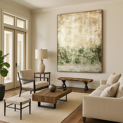 Hand Painted Art Beige and Green Abstract Textured Landscape Painting For Sale HS073