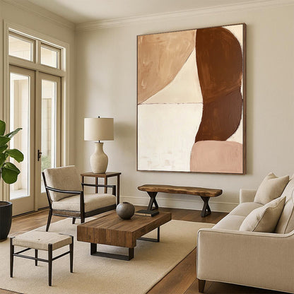Hand-Painted Beige and Brown Abstract Shape Painting For Sale HS129