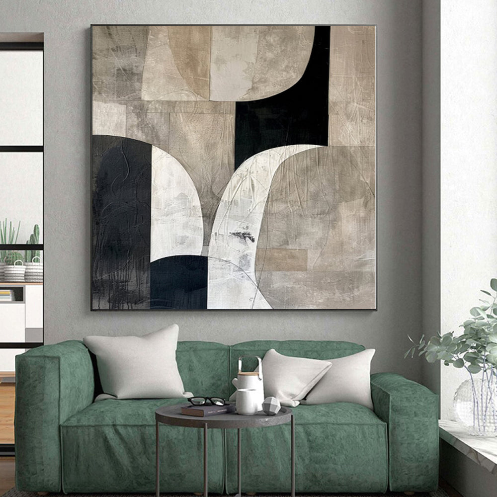 Hand-Painted Black, White, and Beige Abstract Geometric Shape Painting For Sale HS062