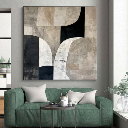 Hand-Painted Black, White, and Beige Abstract Geometric Shape Painting For Sale HS062