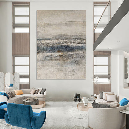 Beige, Gray, and Blue Textured Abstract Seaside Painting For Sale Online WS488