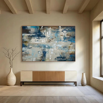 Oversized Canvas Art Blue, Gray, and Multicolor Abstract Textured Urban, Abstract Acrylic Painting WB190