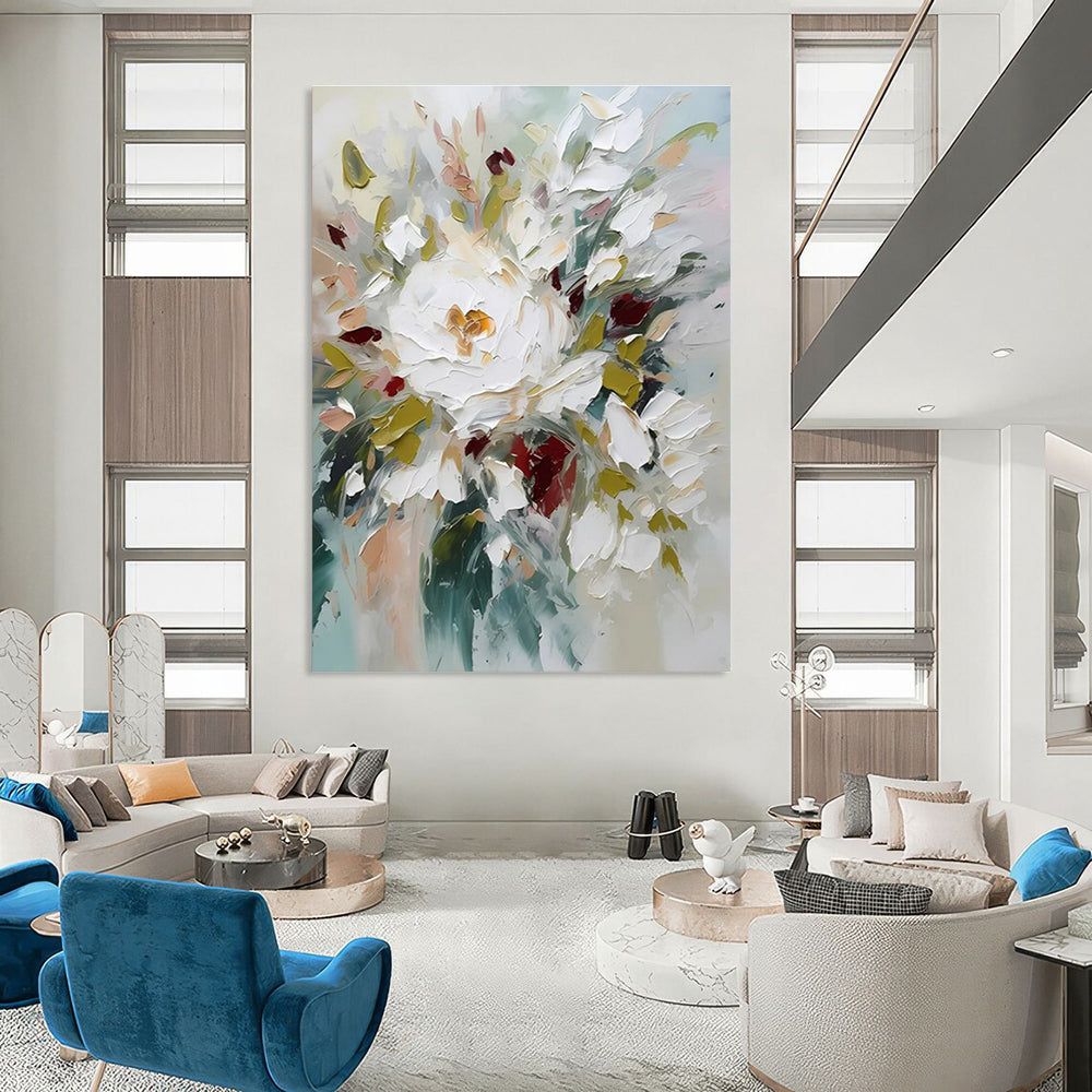 White, Red, and Green Abstract Floral Painting For Sale WS501