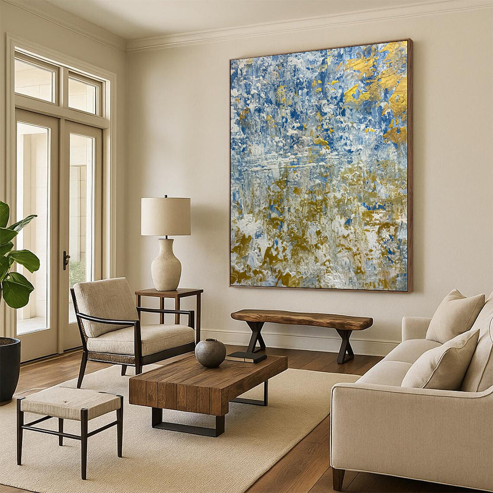 Hand Painted Art Blue, White, and Gold Abstract Textured Seaside Painting For Sale HS108