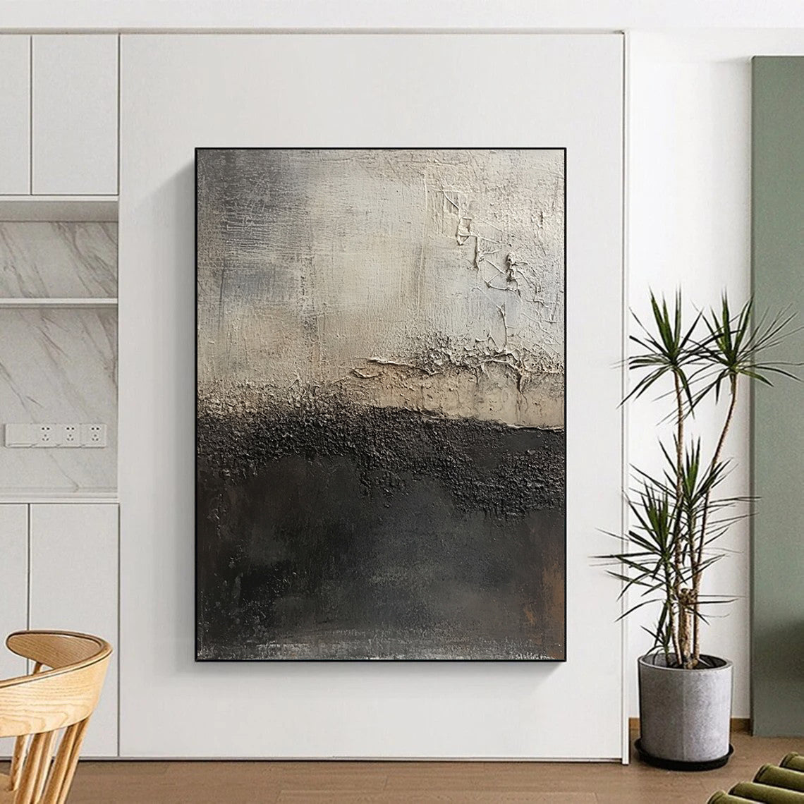 Hand-Painted Black and Gray Textured Abstract Landscape Art HS185