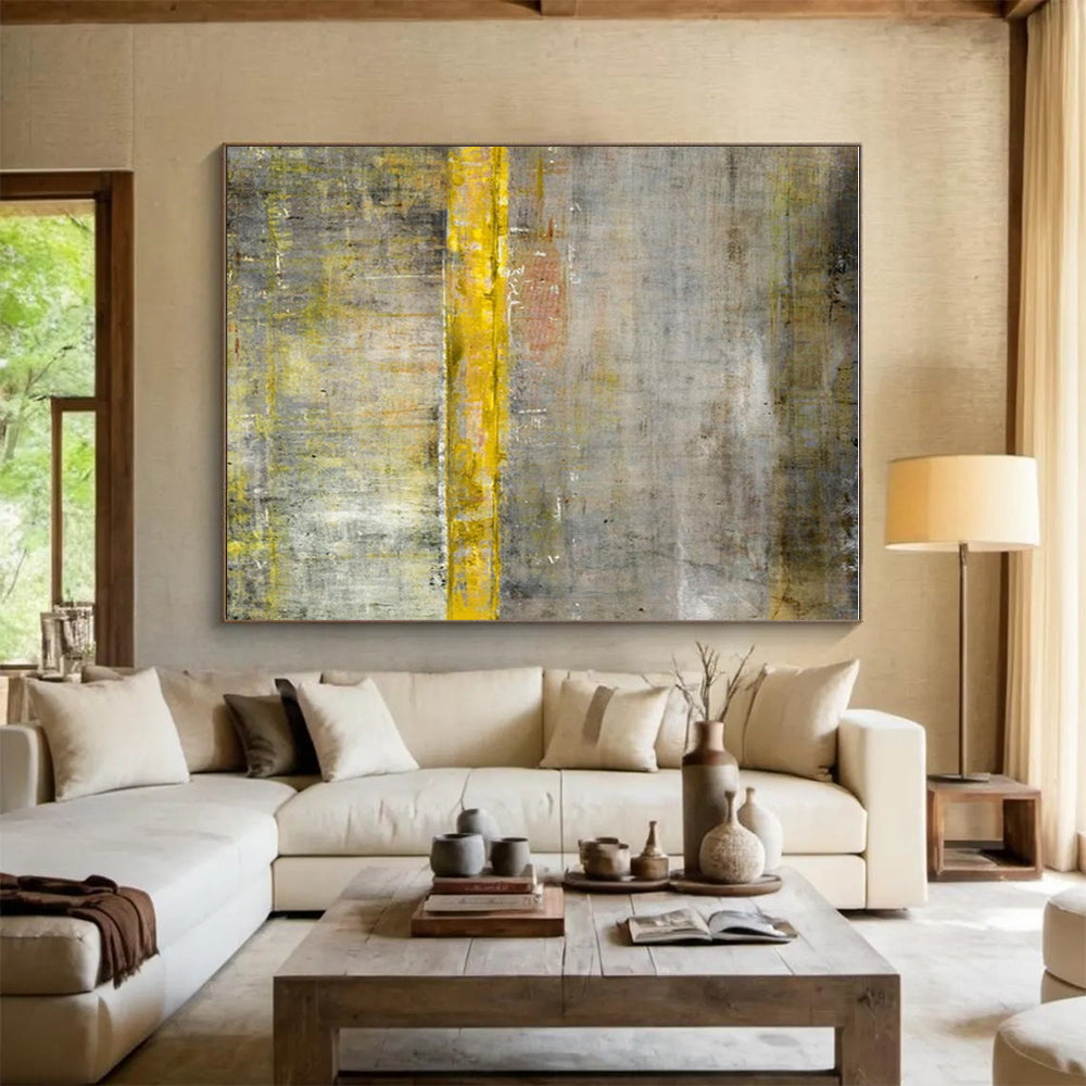 Gaint Canvas Art Gray & Yellow Textured Abstract, Oversized Abstract Wall Art HS351