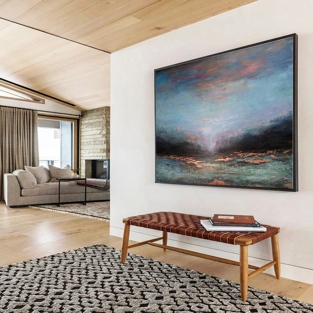 Big Size Blue, Pink and Bronze Abstract Landscape Painting WB141