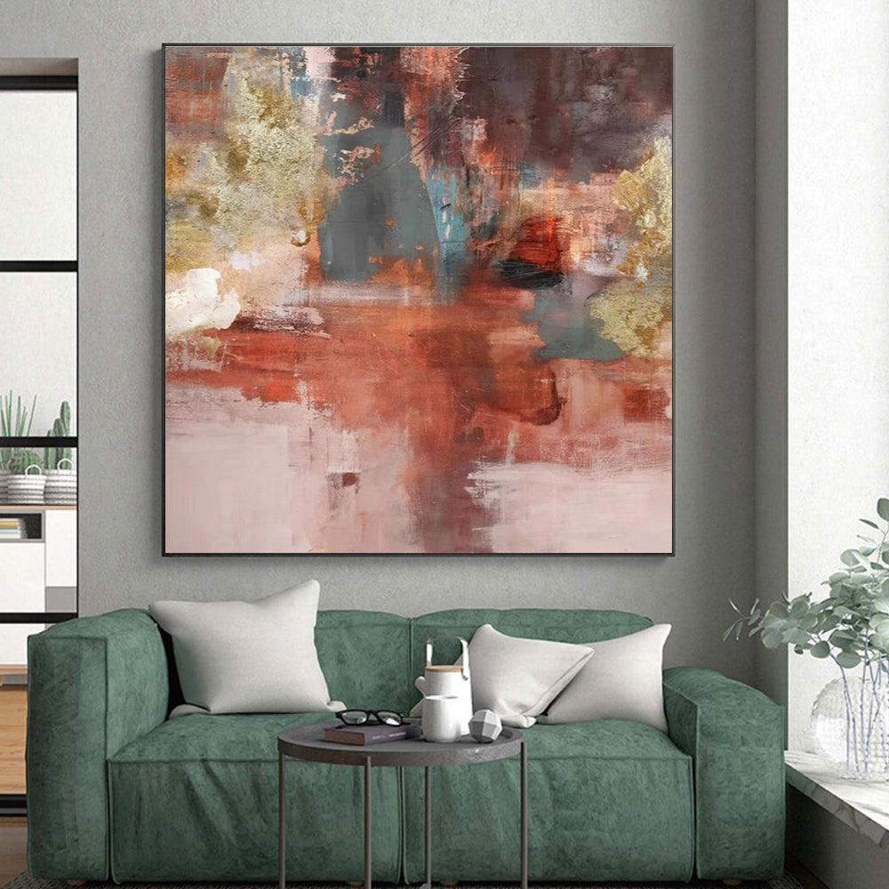 Large Contemporary Wall Art with Red, Gray, Gold, Beige - Unique Abstract Art for Living Room HS508