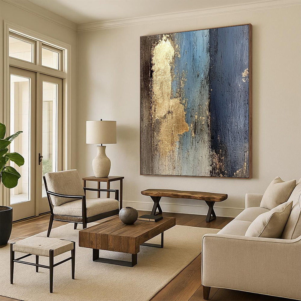 Handmade Art Blue, Black, and Gold Textured Abstract Art HS184