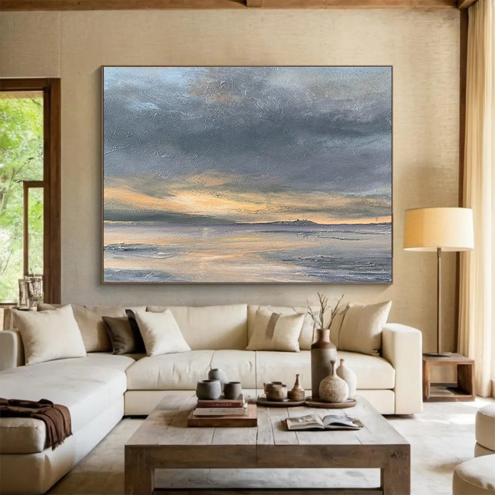 Horizontal Gray, Orange, and Multicolor Abstract Coastal Sunset, Abstract Oil Painting WB181