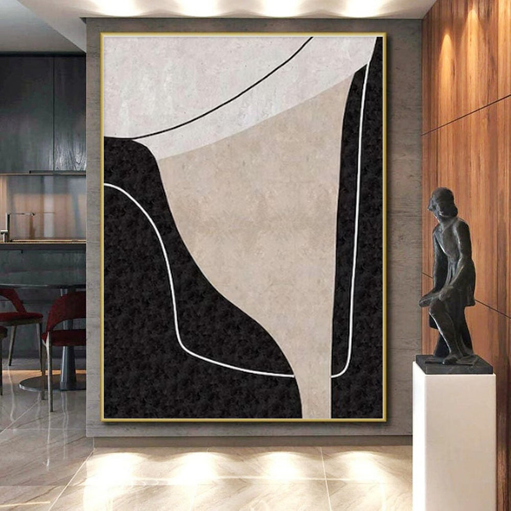 Minimalist Canvas Art Black, Beige, and White Organic Abstract Art HS712
