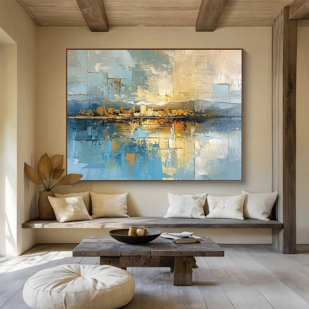 Blue, Beige, Gold Abstract Cityscape Reflection Art For Sale WB381