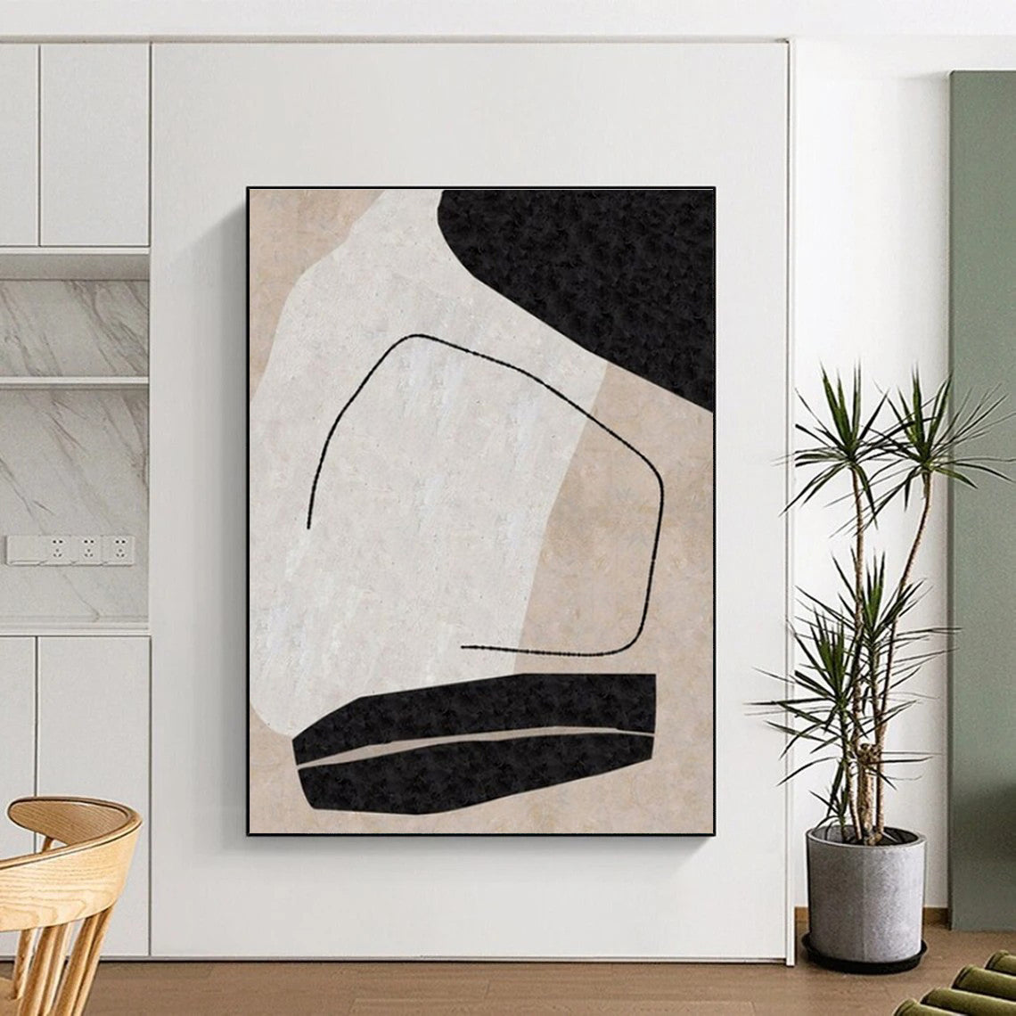 Unique Abstract Art Black, Beige, and White Organic Abstract Art HS700